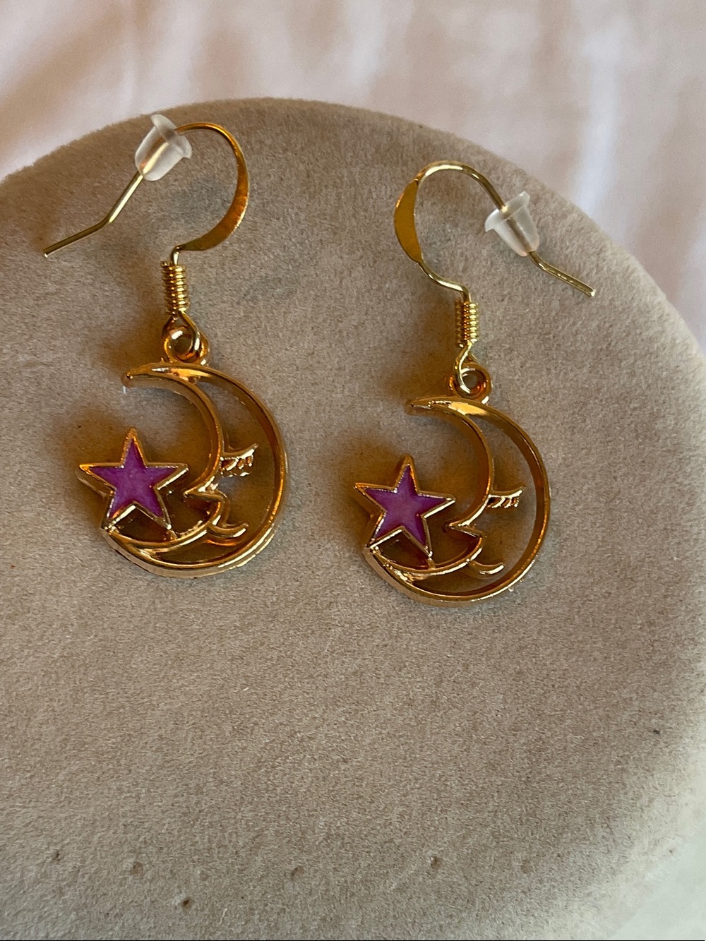Gold Crescent Moon Earrings with Purple Star
